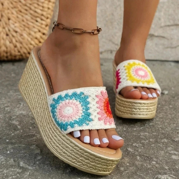 Women'S Wedge Heels Thick Bottom Colorful Braided Embroidery Beach Sandals - Picture 3 of 6